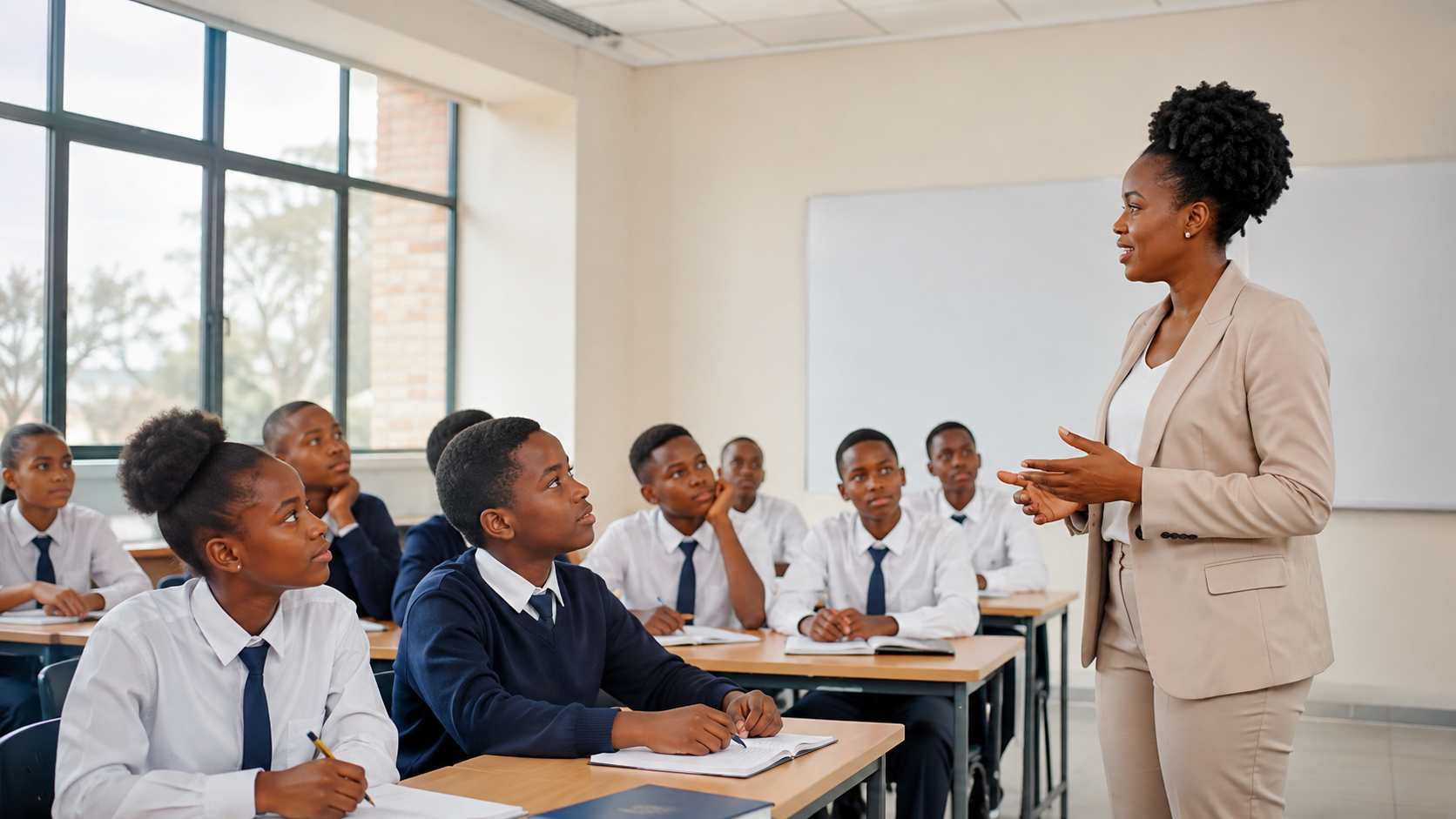 African teacher teaching students in a classroom