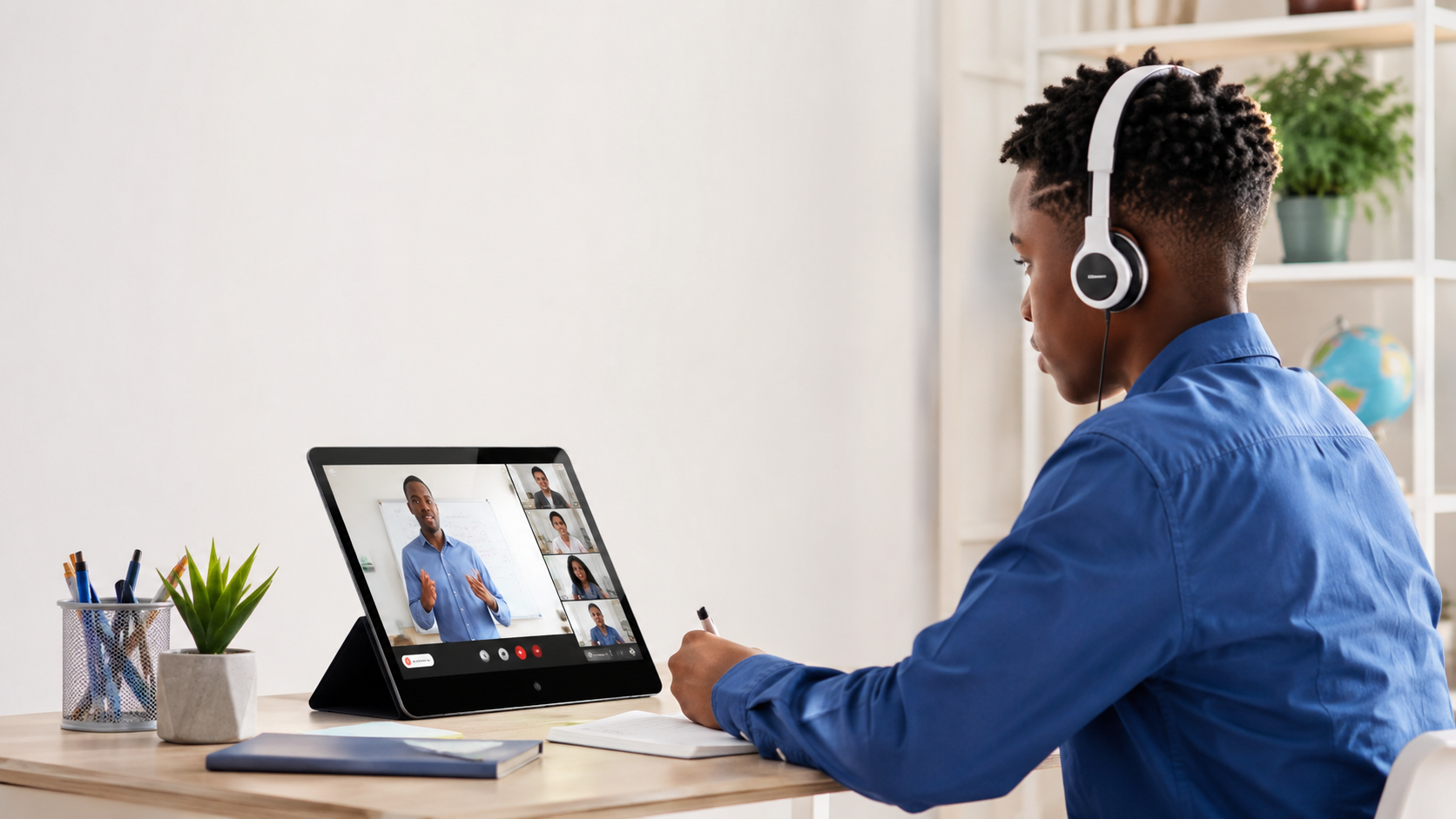 African student attending an online classroom